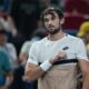 Valentin Vacherot of Monaco reacts after defeating Novak Djokovic of Serbia in the men's singles semifinal match of the Shanghai Masters tennis tournament at Qizhong Forest Sports City Tennis Center, in Shanghai, China, Saturday, Oct. 11, 2025. (AP Photo/Andy Wong)