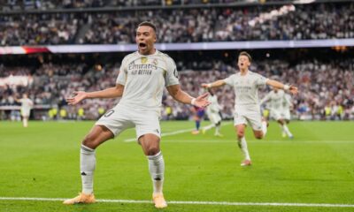 Real Madrid's Kylian Mbappe reacts after scoring during a La Liga soccer match between Real Madrid and Barcelona in Madrid, Spain, Sunday, Oct. 26, 2025. (AP Photo/Bernat Armangue)
