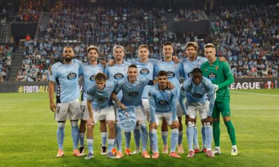 Celta players pose before the Europa League soccer match between Celta Vigo and PAOK in Vigo, Spain, Thursday, Oct. 2, 2025. (AP Photo/Lalo R. Villar)