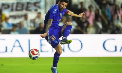 Argentina's Lionel Messi (10) attempts a shot on goal during the first half of a friendly soccer match against Puerto Rico, Tuesday, Oct. 14, 2025, in Fort Lauderdale, Fla. (AP Photo/Marta Lavandier)