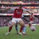 Arsenal's Viktor Gyoekeres in action during the Premier League soccer match between Arsenal and Manchester City in London, Sunday, Sept. 21, 2025. (AP Photo/Kin Cheung)