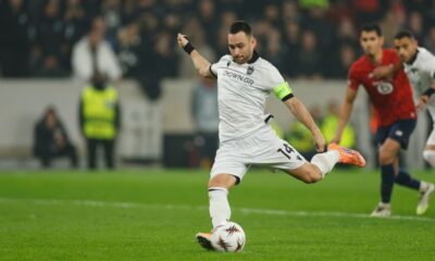 PAOK's Andrija Zivkovic shoots the ball during the Europa League opening phase soccer match between Lille and PAOK in Villeneuve-d'Ascq, outside Lille, France, Thursday, Oct. 23, 2025. (AP Photo/Jean-Francois Badias)
