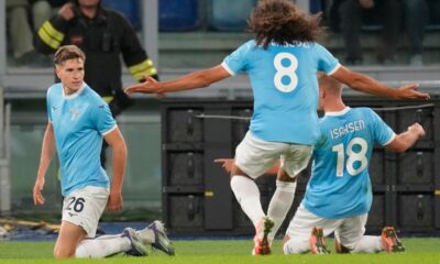 Lazio's Toma Basic, left, celebrates after scoring during the Italian Serie A soccer match between Lazio and Juventus in Rome, Sunday, Oct. 26, 2025. (AP Photo/Gregorio Borgia)