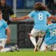 Lazio's Toma Basic, left, celebrates after scoring during the Italian Serie A soccer match between Lazio and Juventus in Rome, Sunday, Oct. 26, 2025. (AP Photo/Gregorio Borgia)