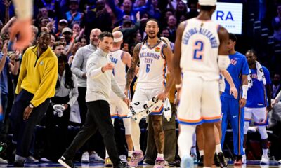 Oklahoma City Thunder Head Coach Mark Daigneault gestures to Oklahoma City Thunder guard Shai Gilgeous-Alexander (2) during the second half of an NBA basketball game between Sacramento Kings and Oklahoma City Thunder, Tuesday, Oct. 28, 2025, in Oklahoma City. (AP Photo/Gerald Leong)