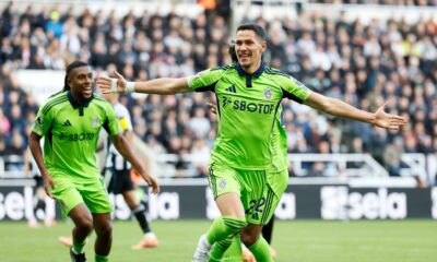 Fulham's Sasa Lukic celebrates scoring during the English Premier League soccer match between Newcastle United and Fulham at St James' Park, Newcastle-upon-Tyne, England, Saturday Oct. 25, 2025. (Richard Sellers/PA via AP)