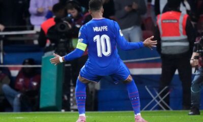 France's Kylian Mbappe celebrates after scoring during a World Cup 2026 Group D qualifying soccer match between France and Azerbaijan in Paris, France, on Friday, Oct. 10, 2025. (AP Photo/Michel Euler)