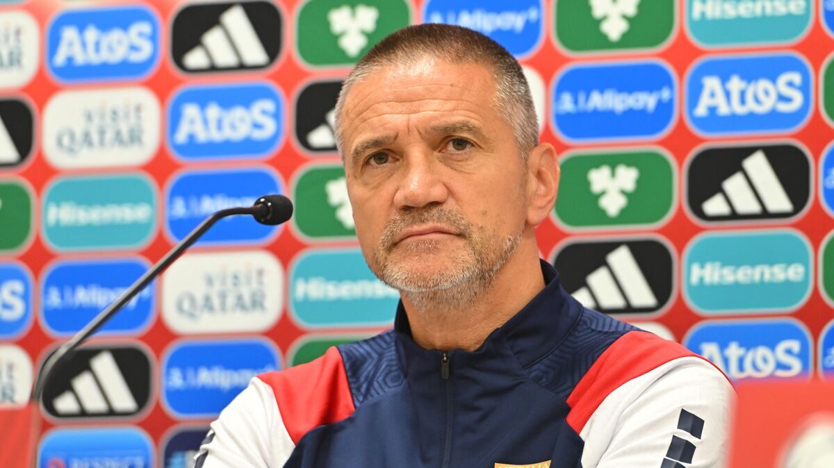 Vršilac dužnosti selektora reprezentacije Srbije na pres konferenciji pred utakmici kvalifikacija za FIFA Svetsko prvenstvo protiv Andore na stadionu Nou estadi dEnkamp, Andora 13.10.2025. godine Foto: Marko Metlas Fudbal, Reprezentacija, Srbija, Andora, Kvalifikacije za Svetsko prvenstvo