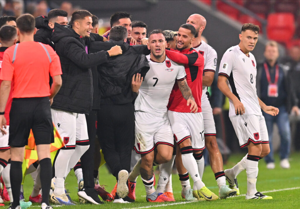 , fudbaleri reprezentacije Albanije, na utakmici kvalifikacija za FIFA Svetsko prvenstvo protiv Srbije na stadionu Dubocica. Leskovac, 11.10.2025. foto: Marko Metlas Fudbal, Reprezentacija, Srbija, Albanija, Kvalifikacije za Svetsko prvenstvo