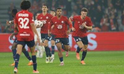 Lille's Hamza Igamane, second from right, celebrates with teammates after scoring his side's second goal during the Europa League opening phase soccer match between Lille and PAOK in Villeneuve-d'Ascq, outside Lille, France, Thursday, Oct. 23, 2025. (AP Photo/Jean-Francois Badias)