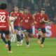Lille's Hamza Igamane, second from right, celebrates with teammates after scoring his side's second goal during the Europa League opening phase soccer match between Lille and PAOK in Villeneuve-d'Ascq, outside Lille, France, Thursday, Oct. 23, 2025. (AP Photo/Jean-Francois Badias)