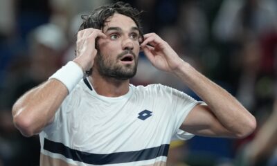Valentin Vacherot of Monaco reacts after defeating Novak Djokovic of Serbia in the men's singles semifinal match of the Shanghai Masters tennis tournament at Qizhong Forest Sports City Tennis Center, in Shanghai, China, Saturday, Oct. 11, 2025. (AP Photo/Andy Wong)