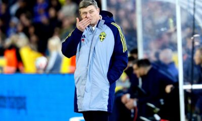 Sweden's national team coach Jon Dahl Tomasson stands on the touchline during the 2026 World Cup Group B qualifying soccer match between Sweden and Kosovo Monday Oct. 13, 2025 in Gothenburg, Sweden. (Adam Ihse/TT News Agency via AP)