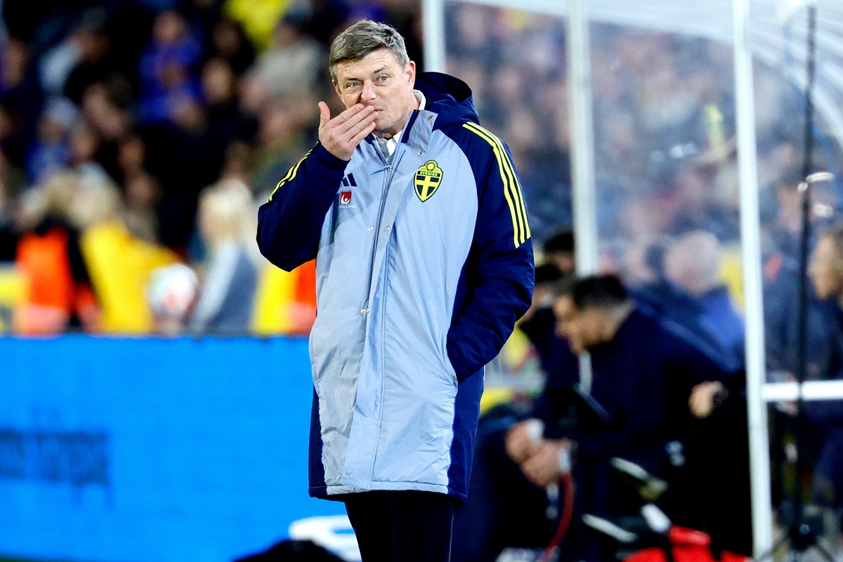 Sweden's national team coach Jon Dahl Tomasson stands on the touchline during the 2026 World Cup Group B qualifying soccer match between Sweden and Kosovo Monday Oct. 13, 2025 in Gothenburg, Sweden. (Adam Ihse/TT News Agency via AP)