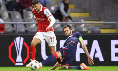 Red Star's Mirko Ivanic fouls Braga's Gabri Martinez to be shown an yellow card during the Europa League opening phase soccer match between SC Braga and Red Star Belgrade in Braga, Portugal, Thursday, Oct. 23, 2025. (AP Photo/Luis Vieira)