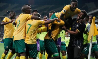 South Africa players celebrate their side's third goal during a World Cup 2026 group C qualifying soccer match between South Africa and Rwanda at Mbombela Stadium, in Nelspruit, South Africa, Tuesday, Oct. 14, 2025. (AP Photo/Themba Hadebe)