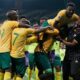 South Africa players celebrate their side's third goal during a World Cup 2026 group C qualifying soccer match between South Africa and Rwanda at Mbombela Stadium, in Nelspruit, South Africa, Tuesday, Oct. 14, 2025. (AP Photo/Themba Hadebe)