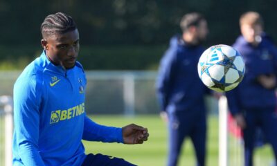 Tottenham Hotspur's Mohammed Kudus during a training session at the Tottenham Hotspur Training Centre, London, Monday Sept. 29, 2025. (Yui Mok/PA via AP)