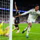 Real Madrid's Jude Bellingham celebrates after scoring his sides first goal during the Champions League opening phase soccer match between Real Madrid and Juventus in Madrid, Spain, Wednesday, Oct. 22, 2025. (AP Photo/Manu Fernandez)
