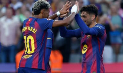 Barcelona's Lamine Yamal and Pedri acelebrate fter a goal during a La Liga soccer match between Barcelona and Girona in Barcelona, Spain, Saturday, Oct. 18, 2025. AP Photo/Joan Monfort)