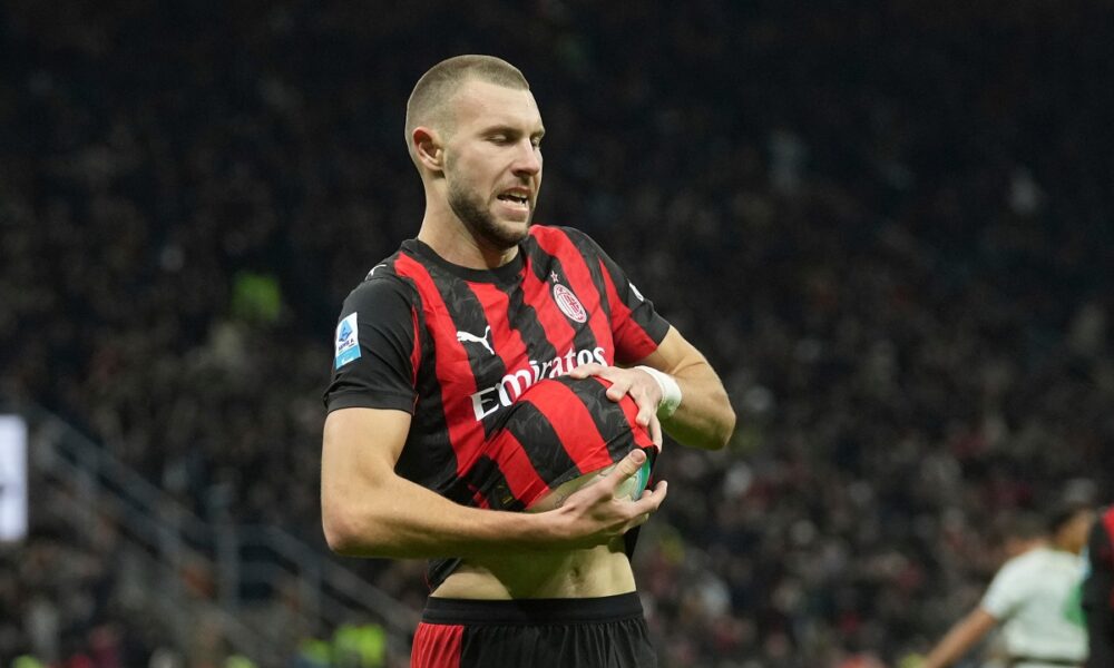 AC Milan's Strahinja Pavlovic celebrates after scoring the opening goal during the Serie A soccer match between AC Milan and Roma in Milan, Italy, Sunday, Nov. 2, 2025. (AP Photo/Antonio Calanni)