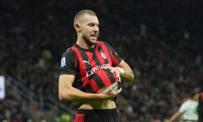 AC Milan's Strahinja Pavlovic celebrates after scoring the opening goal during the Serie A soccer match between AC Milan and Roma in Milan, Italy, Sunday, Nov. 2, 2025. (AP Photo/Antonio Calanni)