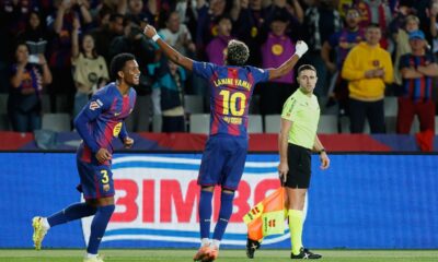 Barcelona's Lamine Yamal celebrates after scoring his side's opening goal during a Spanish La Liga soccer match between FC Barcelona and Elche CF in Barcelona, Spain, Sunday, Nov. 2, 2025. (AP Photo/Joan Monfort)
