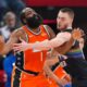 Denver Nuggets guard Christian Braun, right, reaches in on Los Angeles Clippers guard James Harden during the first half of an NBA basketball game Wednesday, Nov. 12, 2025, in Inglewood, Calif. (AP Photo/Mark J. Terrill)