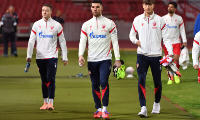 BRUNO DUARTE DA SILVA , OMRI GLAZER golman, ALEKSA DAMJANOVIC fudbaleri Crvene zvezde na utakmici Superlige Prvenstva Srbije protiv Radnika Surdulica na stadionu Rajka Mitica, Beograd, 02.11.2025. godine Foto: Marko Metlas Fudbal, Crvena zvezda, Superliga Prvenstvo Srbije, Radnik Surdulica