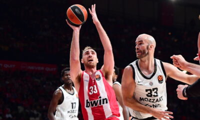 NIKOLA MILUTINOV, kosarkas Olimpijakosa, na utakmici Evrolige protiv Partizana, u hali Mira i prijateljstva u Pireju. Atina, 07.11.2025. foto: MN Press / kl Kosarka, Euroleague, Olimpijakos, Partizan