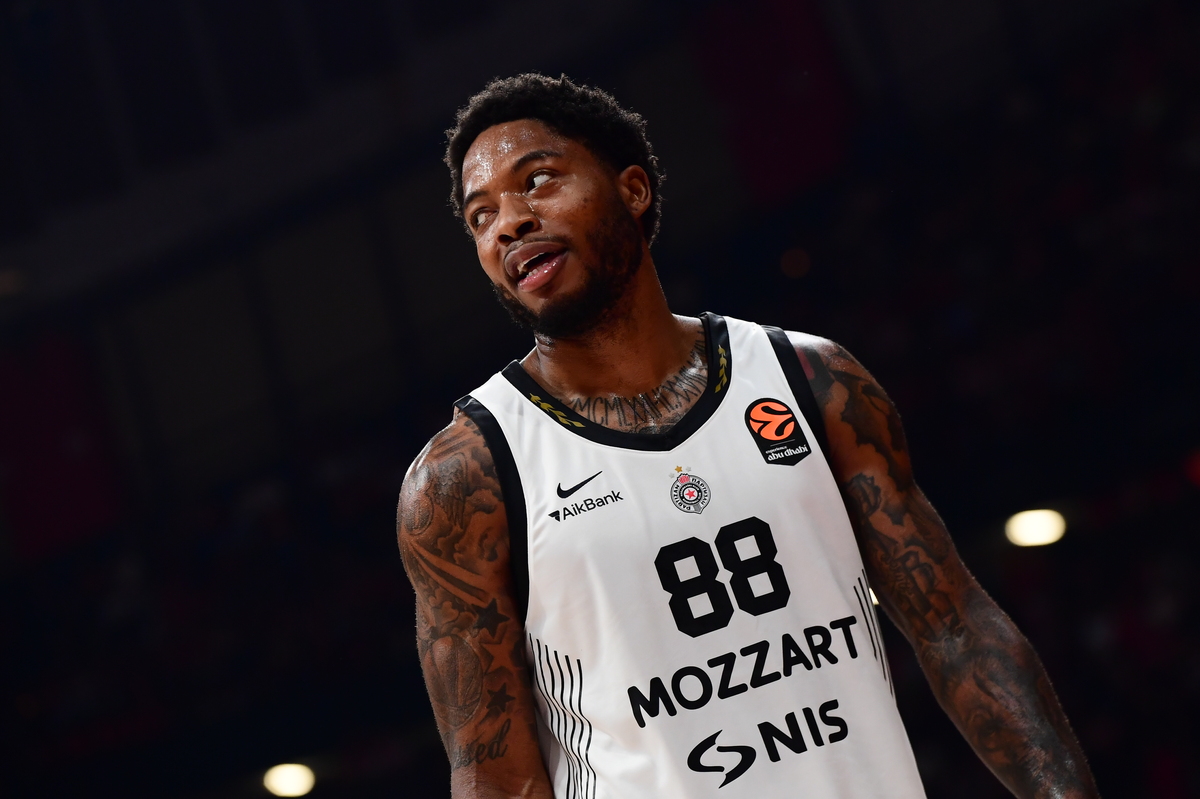 TYRIQUE JONES Tajrik Dzouns, kosarkas Partizana, na utakmici Evrolige protiv Olimpijakosa, u hali Mira i prijateljstva u Pireju. Atina, 07.11.2025. foto: MN Press / kl Kosarka, Euroleague, Olimpijakos, Partizan