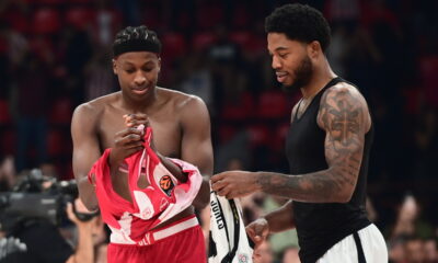 TYRIQUE JONES Tajrik Dzouns, kosarkas Partizana, na utakmici Evrolige protiv Olimpijakosa, i FRANK NTILIKINA Frenk Ntilikina, u hali Mira i prijateljstva u Pireju. Atina, 07.11.2025. foto: MN Press / kl Kosarka, Euroleague, Olimpijakos, Partizan