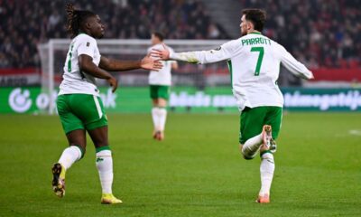 Ireland's Troy Parrott, right, celebrates after scoring his side's second goal during the World Cup 2026 group F qualifying soccer match between Hungary and Ireland in Budapest, Hungary, Sunday, Nov. 16, 2025. (AP Photo/Denes Erdos)