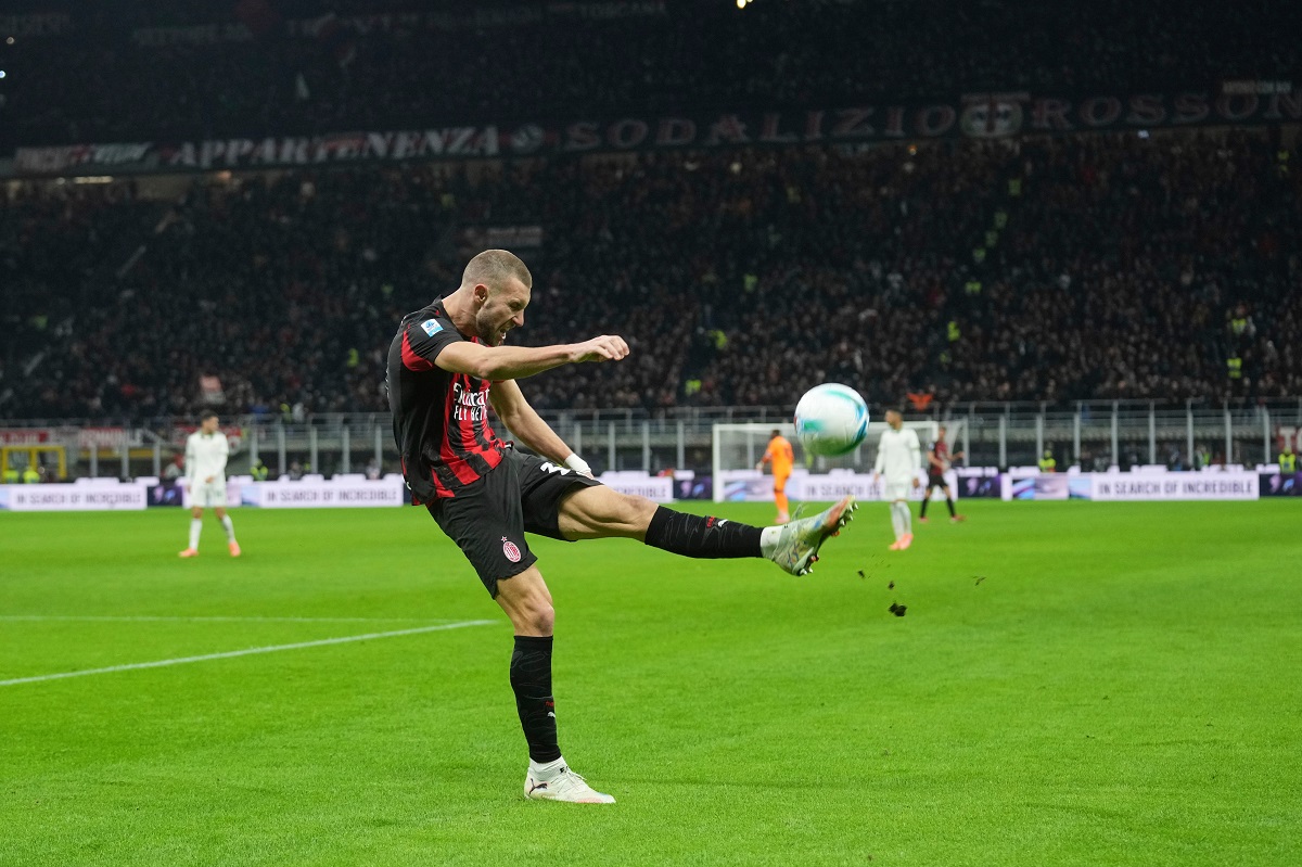 AC Milan's Strahinja Pavlovic celebrates after scoring the opening goal during the Serie A soccer match between AC Milan and Roma in Milan, Italy, Sunday, Nov. 2, 2025. (AP Photo/Antonio Calanni)
