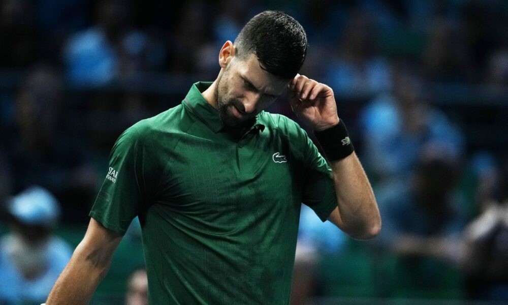 Novak Djokovic of Serbia reacts during the ATP250 tournament semifinal tennis match against Yannick Hanfmann of Germany, in Athens, Greece, Friday, Nov. 7, 2025. (AP Photo/Thanassis Stavrakis)