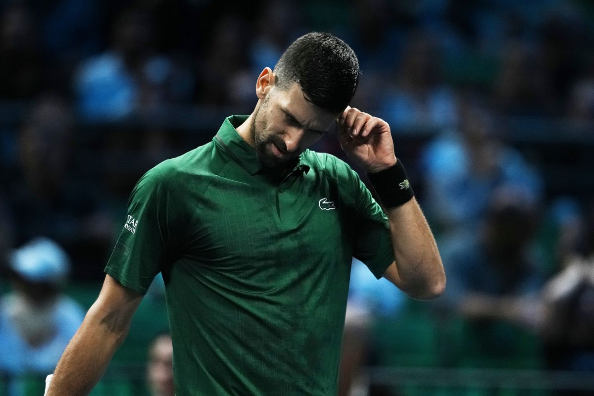 Novak Djokovic of Serbia reacts during the ATP250 tournament semifinal tennis match against Yannick Hanfmann of Germany, in Athens, Greece, Friday, Nov. 7, 2025. (AP Photo/Thanassis Stavrakis)