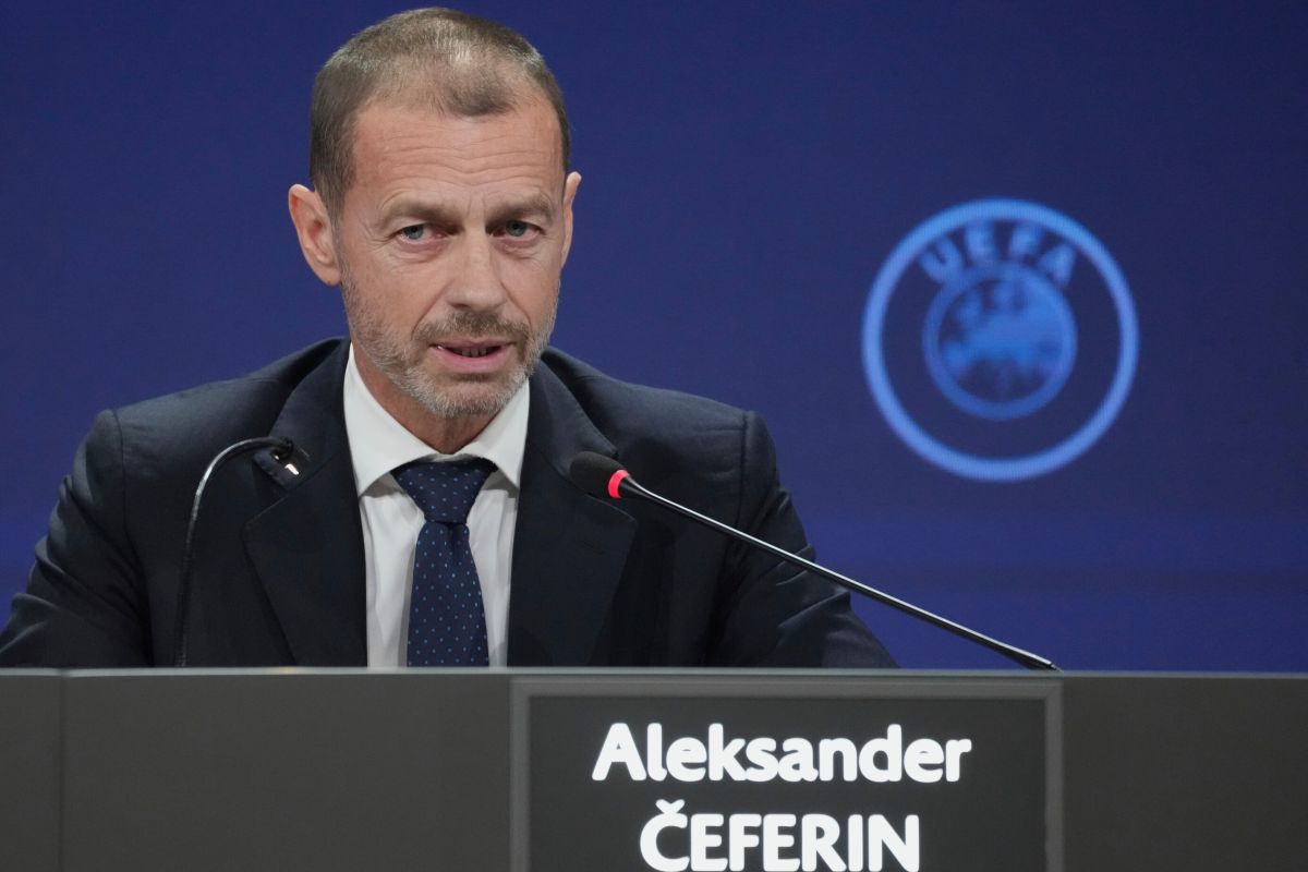 FILE - UEFA President Aleksander Ceferin speaks during a press conference after the 49th ordinary UEFA congress, in Belgrade, Serbia, Thursday, April 3, 2025. (AP Photo/Darko Vojinovic, File)