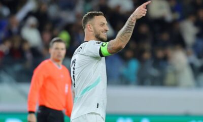 Austria's Marko Arnautovic celebrates after scoring his side's second goal during the World Cup 2026 group H qualifying soccer match between Cyprus and Austria, in Limassol, Cyprus, Saturday, Nov. 15, 2025.(AP Photo/Chara Savvidou)