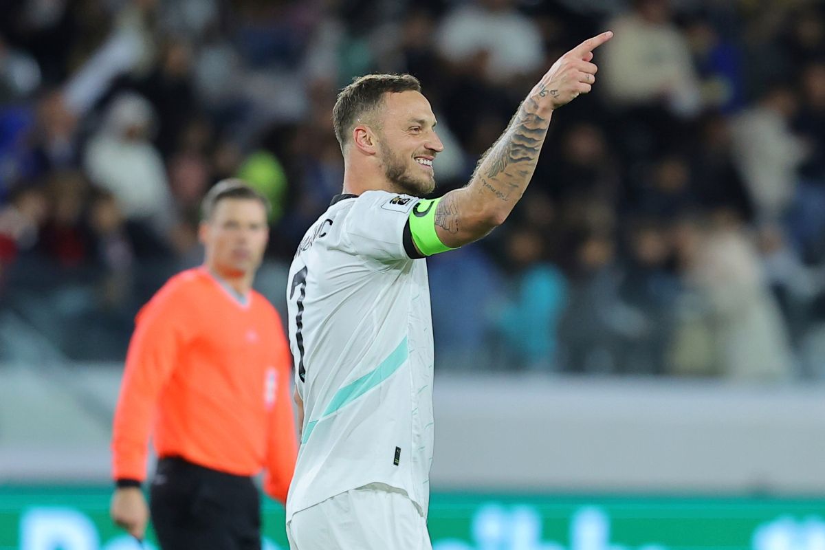 Austria's Marko Arnautovic celebrates after scoring his side's second goal during the World Cup 2026 group H qualifying soccer match between Cyprus and Austria, in Limassol, Cyprus, Saturday, Nov. 15, 2025.(AP Photo/Chara Savvidou)
