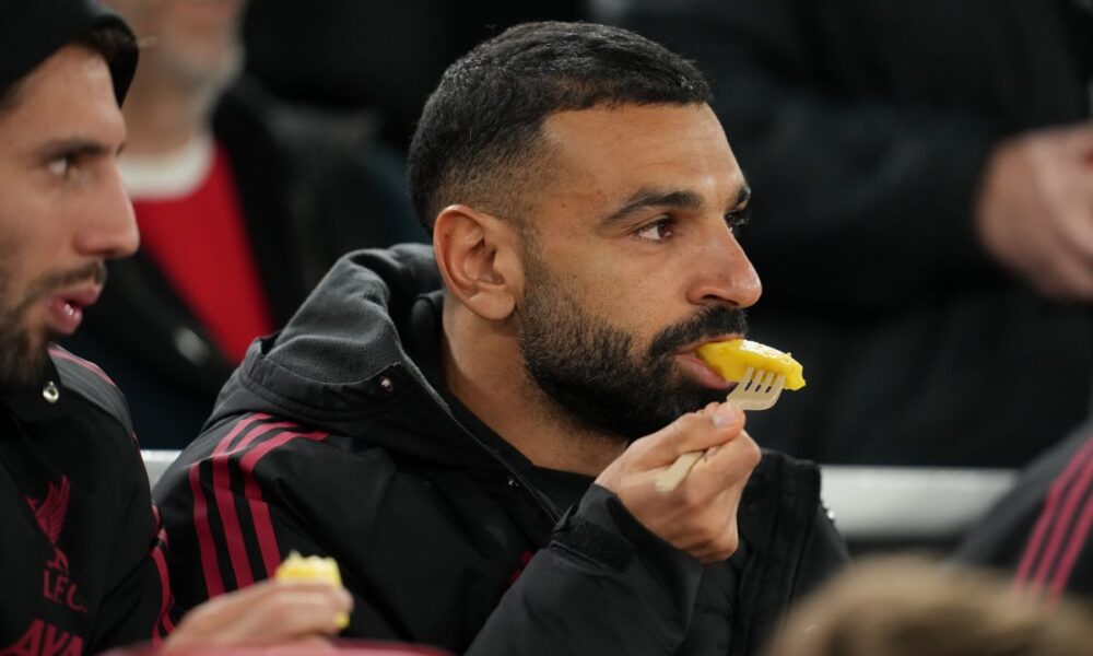 Liverpool's Mohamed Salah sits on the bench before an English League Cup fourth round soccer match between Liverpool and Crystal Palace in Liverpool, England, Wednesday, Oct. 29, 2025. (AP Photo/Jon Super)