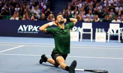 Novak Djokovic of Serbia reacts during during the ATP 250 tennis tournament final match against Lorenzo Musetti of Italy, in Athens, Greece, Saturday, Nov. 8, 2025. (AP Photo/Yorgos Karahalis)