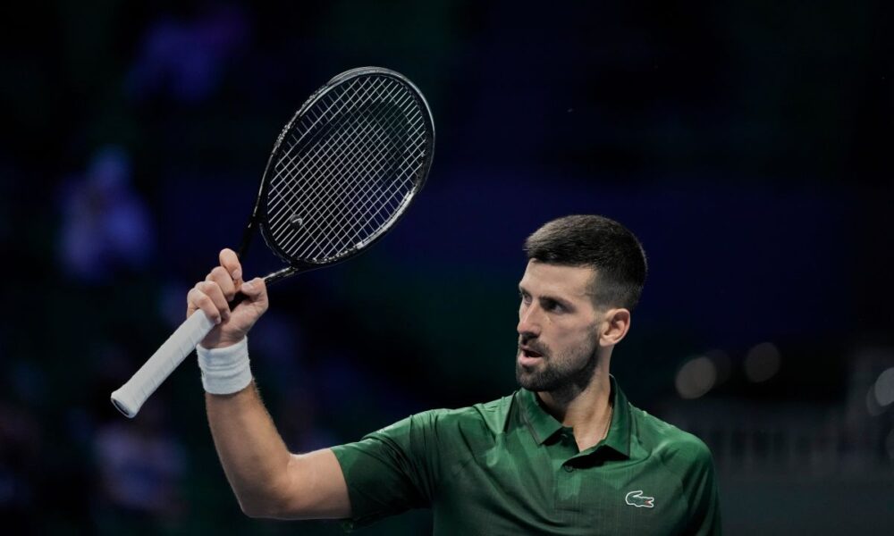 Novak Djokovic of Serbia celebrates after winning the ATP tournament round of 16 tennis match against Alejandro Tabilo of Chile, in Athens, Greece, Tuesday, Nov. 4, 2025. (AP Photo/Petros Giannakouris)