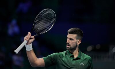 Novak Djokovic of Serbia celebrates after winning the ATP tournament round of 16 tennis match against Alejandro Tabilo of Chile, in Athens, Greece, Tuesday, Nov. 4, 2025. (AP Photo/Petros Giannakouris)