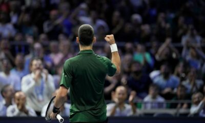 Novak Djokovic of Serbia celebrates after winning the ATP tournament round of 16 tennis match against Alejandro Tabilo of Chile, in Athens, Greece, Tuesday, Nov. 4, 2025. (AP Photo/Petros Giannakouris)
