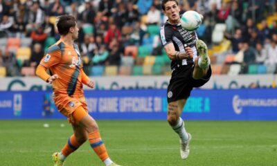 Udinese's Nicolo Zaniolo goes for the ball during the Serie A soccer match between Udinese and Atalanta, in Udine, Italy, Saturday, Nov. 1, 2025. (Andrea Bressanutti/LaPresse via AP)
