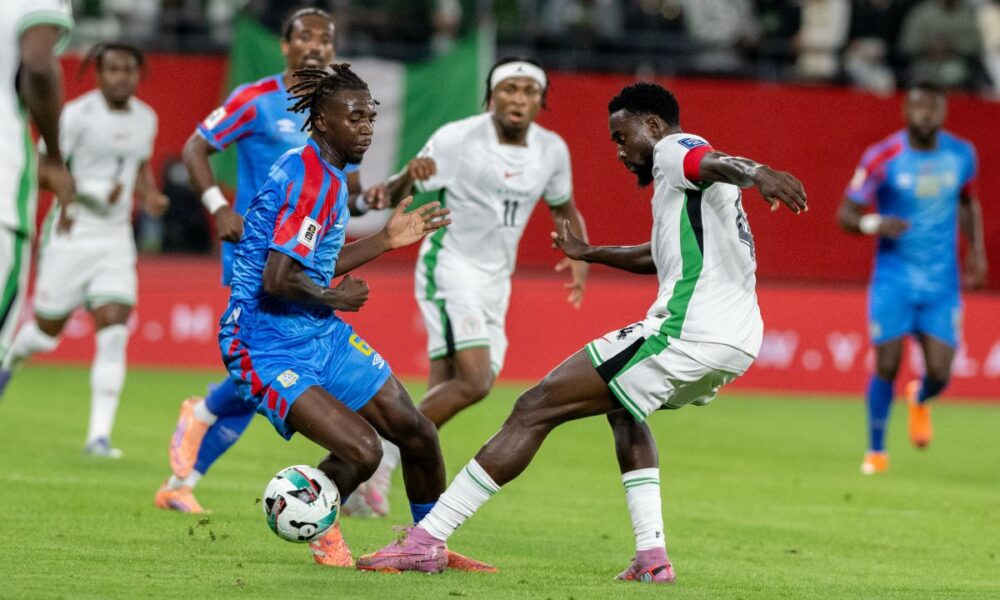 DR Congo's Ngal'ayel Mukau challenges Nigeria's Wilfred Ndidi during the World Cup African qualifier soccer match between DR Congo and Nigeria, in Rabat, Morocco, Sunday, Nov. 16, 2025. (AP Photo)
