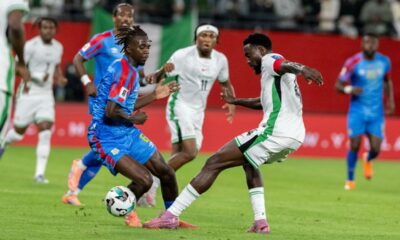 DR Congo's Ngal'ayel Mukau challenges Nigeria's Wilfred Ndidi during the World Cup African qualifier soccer match between DR Congo and Nigeria, in Rabat, Morocco, Sunday, Nov. 16, 2025. (AP Photo)