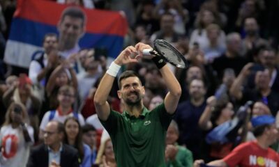 Novak Djokovic of Serbia celebrates after his win against Yannick Hanfmann of Germany during the ATP250 tennis tournament, in Athens, Greece, Friday, Nov. 7, 2025. (AP Photo/Thanassis Stavrakis)