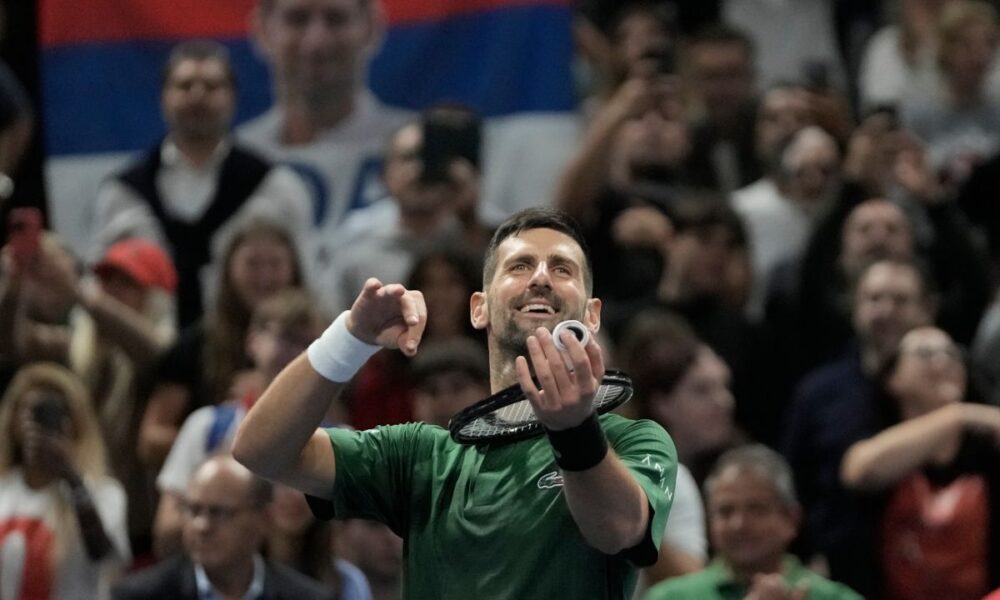 Novak Djokovic of Serbia celebrates after his win against Yannick Hanfmann of Germany during the ATP250 tennis tournament, in Athens, Greece, Friday, Nov. 7, 2025. (AP Photo/Thanassis Stavrakis)