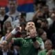 Novak Djokovic of Serbia celebrates after his win against Yannick Hanfmann of Germany during the ATP250 tennis tournament, in Athens, Greece, Friday, Nov. 7, 2025. (AP Photo/Thanassis Stavrakis)